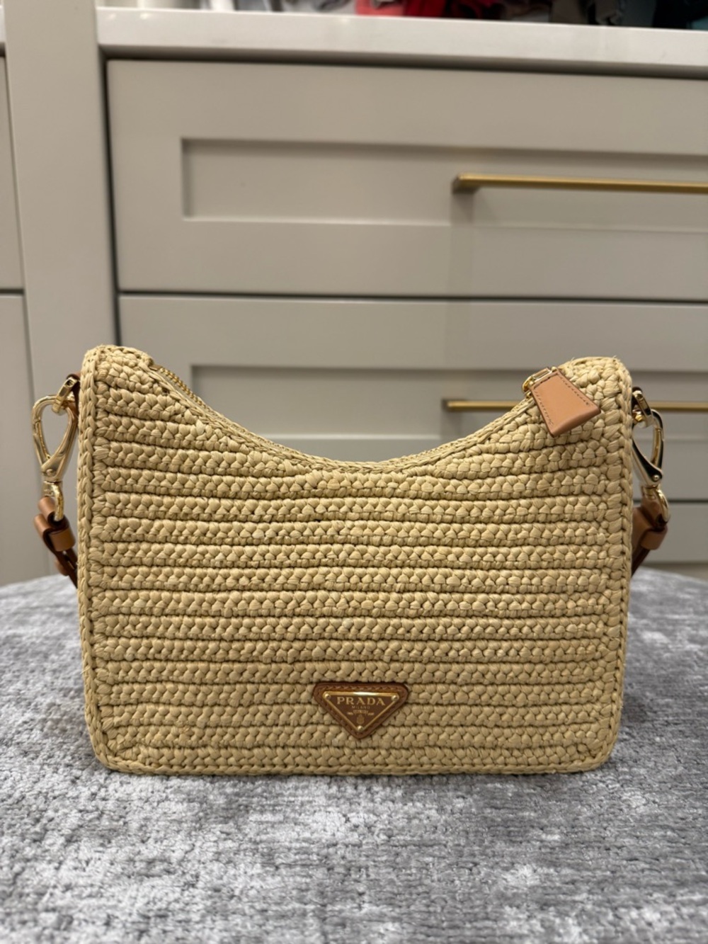 Prada Beige Woven Crochet Shoulder Bag with Brown Leather Strap - Picture 4 of 9